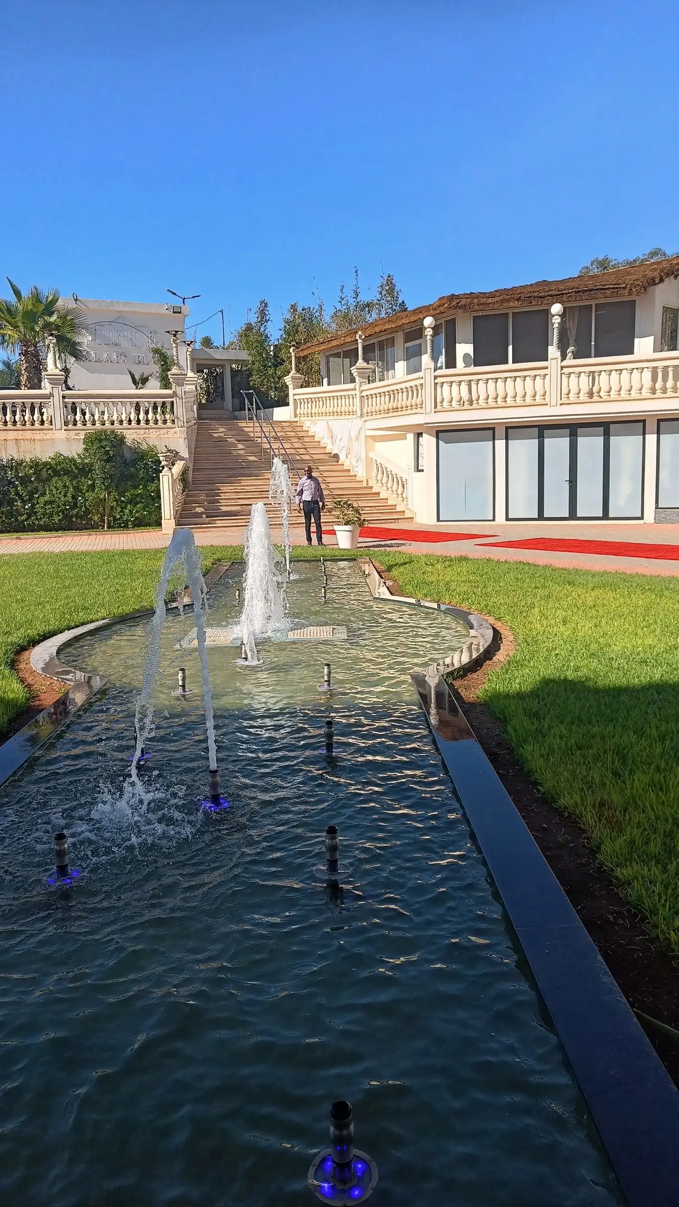 Long fountain basin between the lawns, balustrade and steps beyond